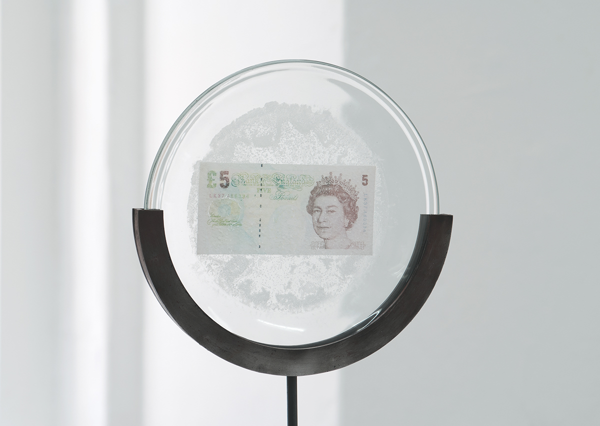 David Blackmore: Detail of £105,048.65: £5 Sterling banknote fused by bleach on to an IKEA plate on mild steel armature